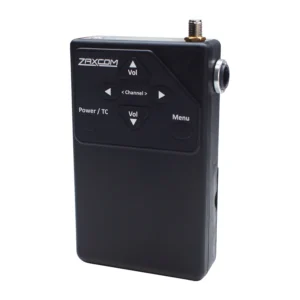 Zaxcom URX100 UHF Receiver: The URX100 from the front, with its buttons and SMA antenna connector.