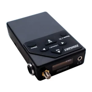 Zaxcom URX100 UHF Receiver: The URX100 at an angle, lying flat.