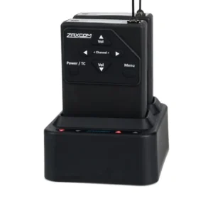 Zaxcom URX50 Dual Drop-In Charger: The charger with a URX50 receiver dropped into a bay.