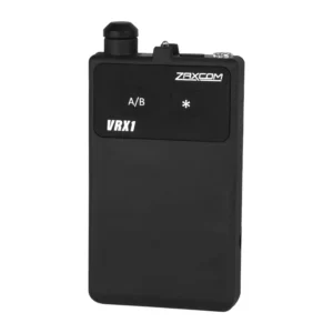 Zaxcom VRX1 VHF IFB Receiver: The VRX1 from the front, with its A/B and star buttons.