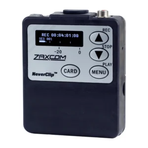 Zaxcom ZFR300 Compact Bodypack Audio Recorder: The ZFR300 at an angle, with its display and its REC, Stop, Play, Menu, and Card buttons.