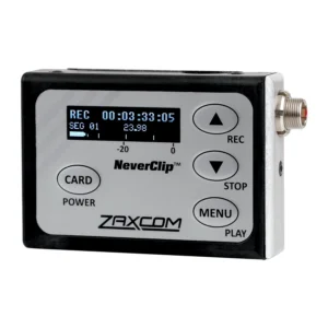 Zaxcom ZFR400 Compact Bodypack Audio Recorder: The ZFR400 from the front, with its OLED display and its Card, Menu, REC, Stop, and Play buttons.
