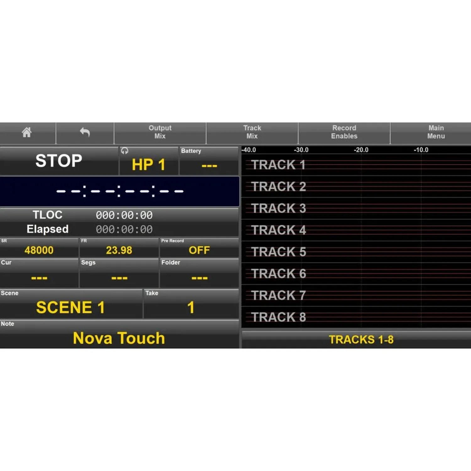 Zaxcom Nova Touch Software Unlock Code: The Nova Touch home screen, with its transport, timecode, scene, and track displays.