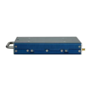 Zaxcom MRX214 Module Receiver: The MRX214 from the side, with its pull handle and an SMA connector.