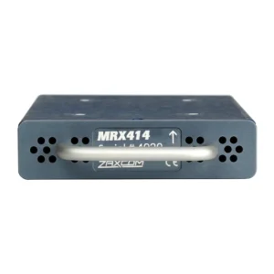 Zaxcom MRX414 Module Receiver: The front edge of the MRX414, with its label and vents.