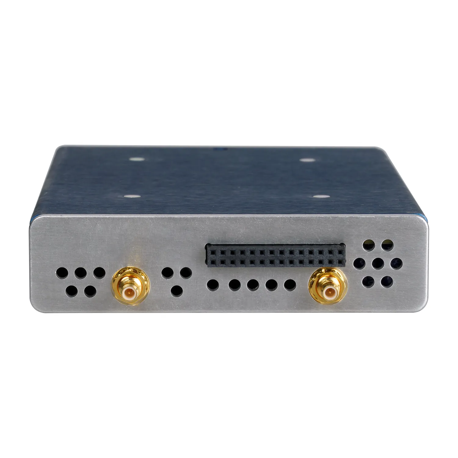 Zaxcom MRX414 Module Receiver: The back of the MRX414, with its two SMA connectors and its multi-pin module connector.