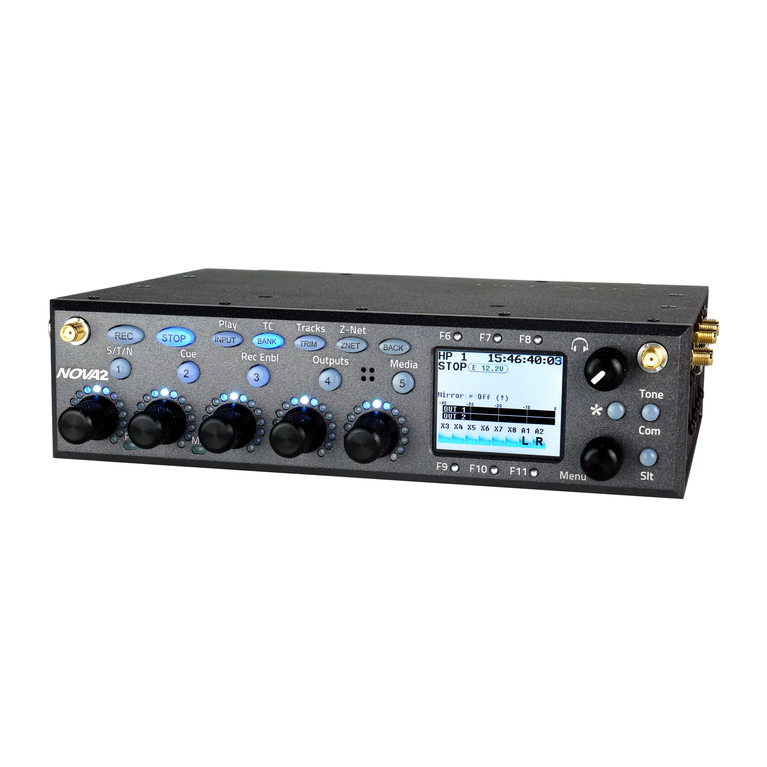 Zaxcom Nova 2 Mixer/Recorder: The Nova 2 at an angle, with its five encoders, color display, and transport keys.