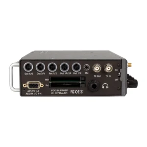 Zaxcom Nova 2 Mixer/Recorder: The side of the Nova 2, with its output, DB-15, timecode, and headphone connectors.