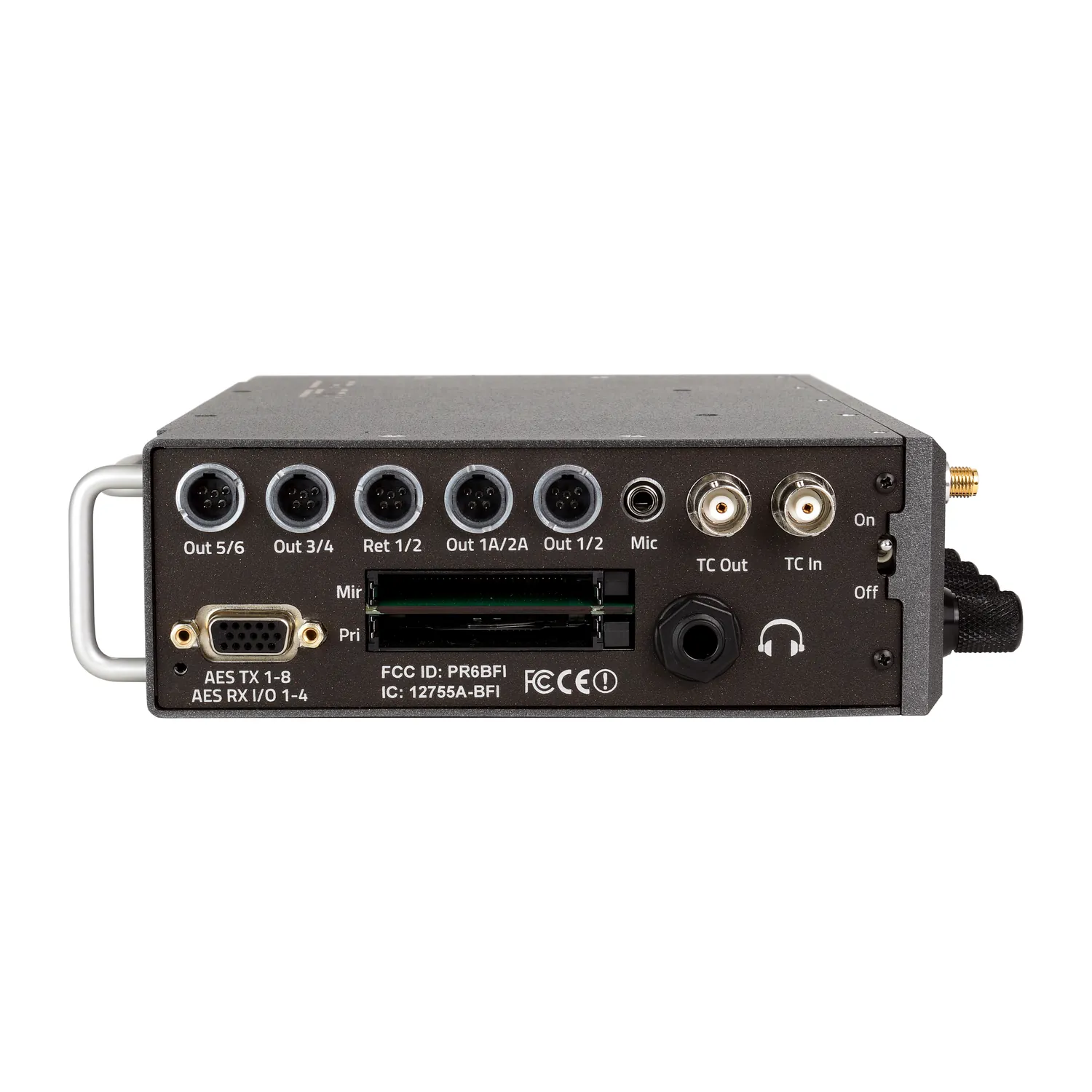 Zaxcom Nova 2 Mixer/Recorder: The side of the Nova 2, with its output, DB-15, timecode, and headphone connectors.