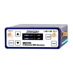 Zaxcom QRX235 4-Channel ENG Receiver with QIFB: The QRX235 front panel, with its display, buttons, and two antenna connectors.