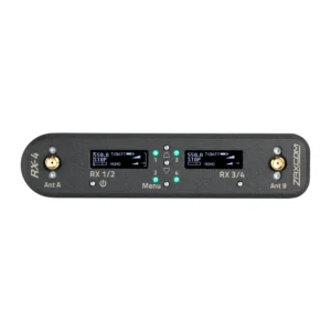 Zaxcom RX-4 MRX Module Interface: The RX-4 front panel, with its two OLED displays and two antenna connectors.