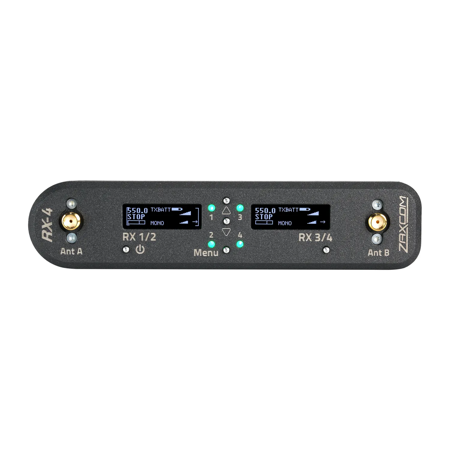 Zaxcom RX-4 MRX Module Interface: The RX-4 front panel, with its two OLED displays and two antenna connectors.