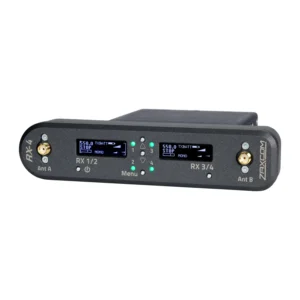 Zaxcom RX-4 MRX Module Interface: The RX-4 at an angle from the front, with an MRX module in place.
