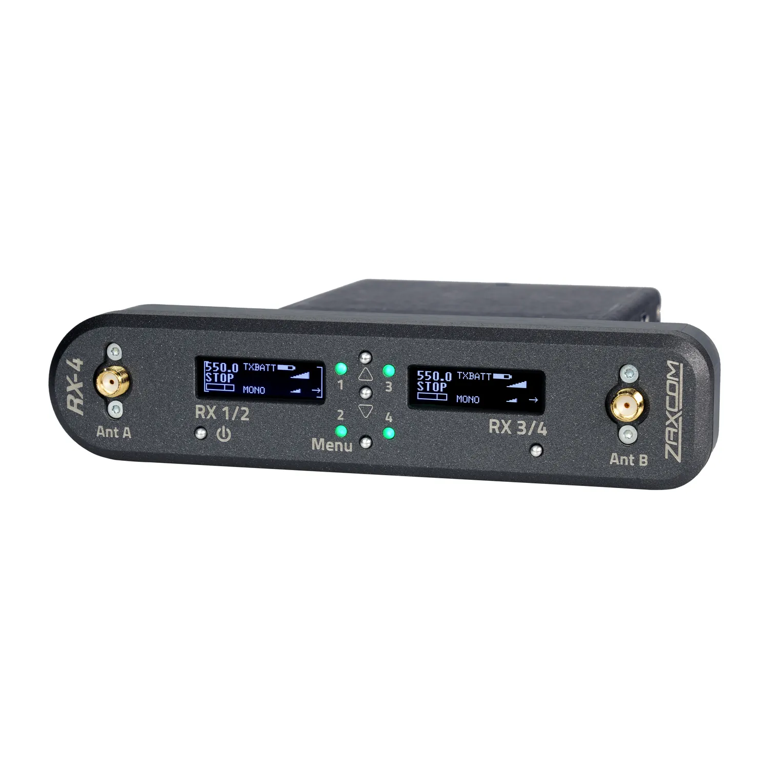 Zaxcom RX-4 MRX Module Interface: The RX-4 at an angle from the front, with an MRX module in place.