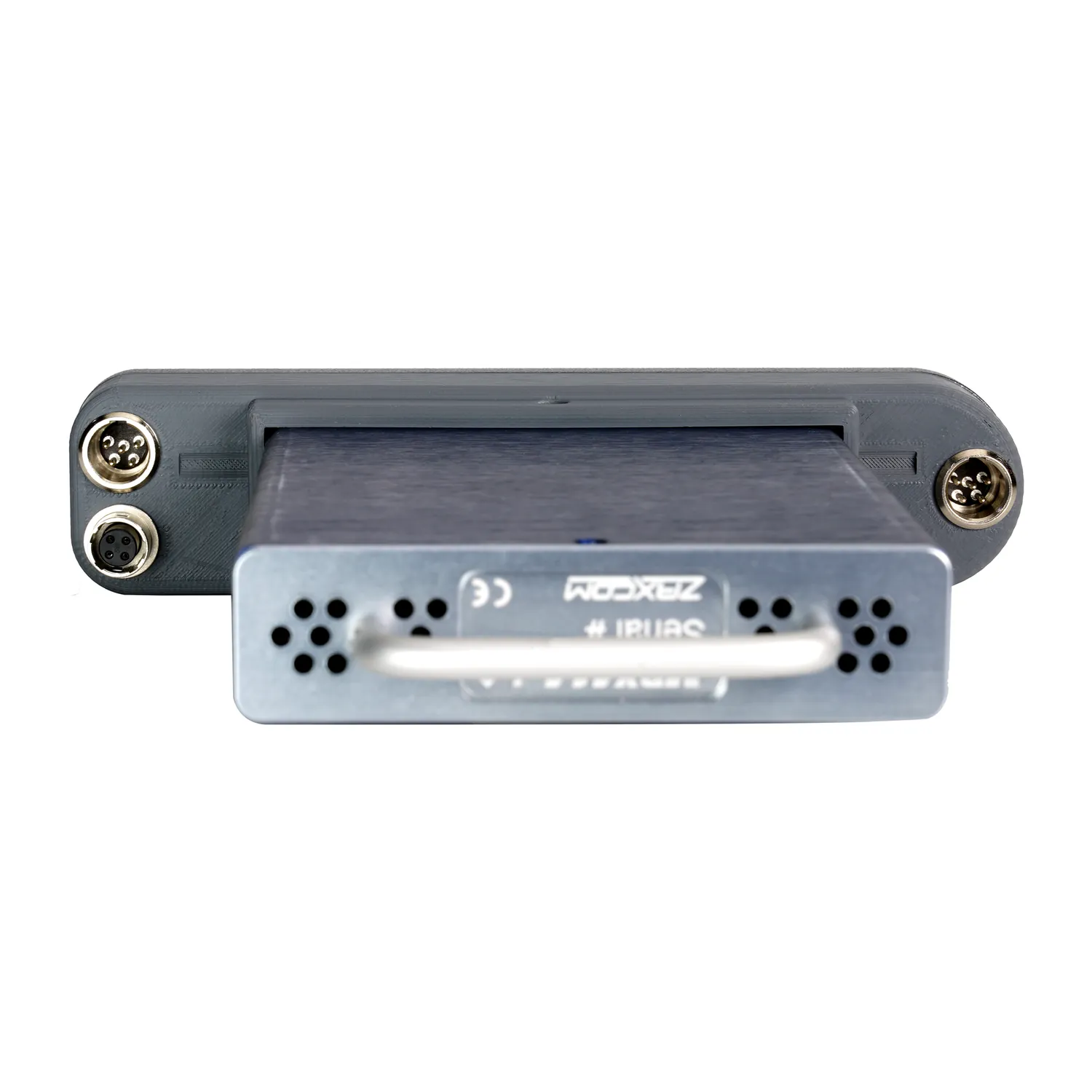 Zaxcom RX-4 MRX Module Interface: The back of the RX-4 straight on, with an MRX module in place.