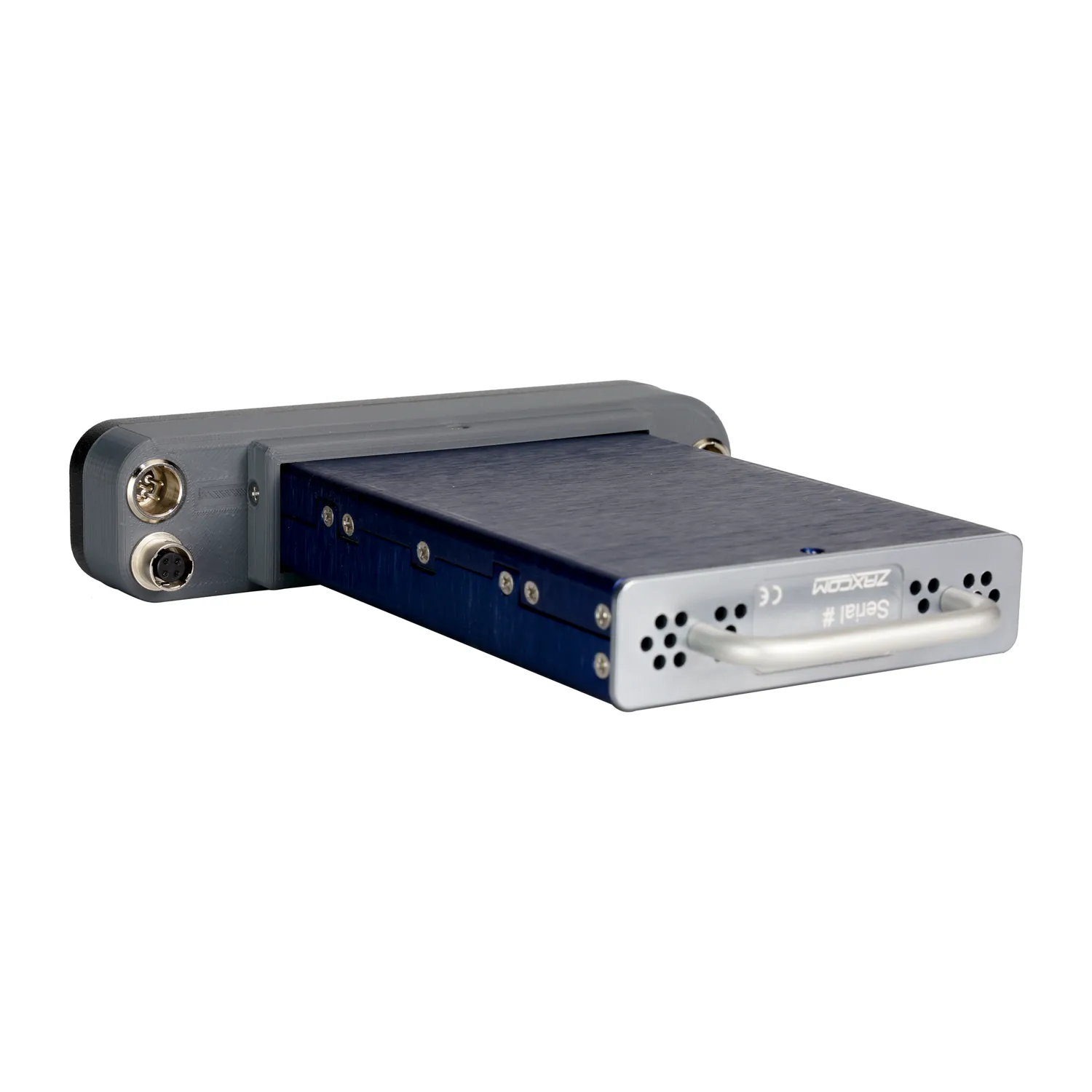 Zaxcom RX-4 MRX Module Interface: The back of the RX-4 at an angle, with an MRX module in place.