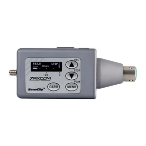 Zaxcom TRX743 Plug-On Transmitter: The TRX743 with a 3-pin XLR cone fitted, at an angle, with its display and buttons.