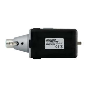 Zaxcom TRX743 Plug-On Transmitter: The back of the TRX743, with its label and the 3-pin XLR cone.