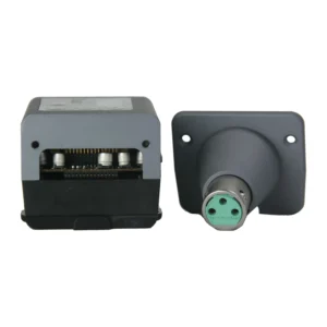 Zaxcom TRX745 Digital Plug-on Transmitter: The TRX745 body beside a detached 3-pin XLR cone.