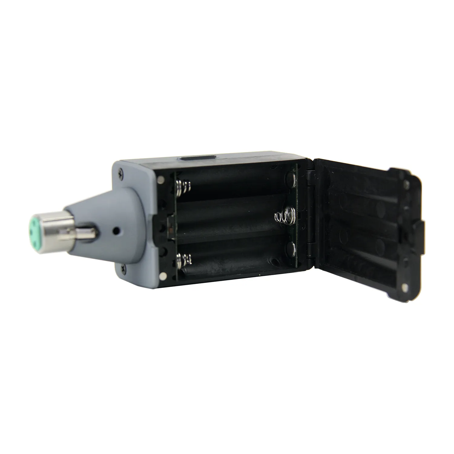 Zaxcom TRX745 Digital Plug-on Transmitter: The TRX745 with its battery door open, showing its three AA battery bays.