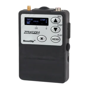 Zaxcom TRXFB3 Wideband Transmitter and IFB Receiver: The TRXFB3 at an angle, with its display and its REC, Stop, Play, Menu, and programmable buttons.