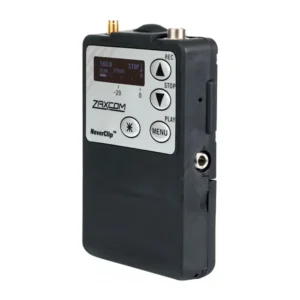 Zaxcom TRXFB3 Wideband Transmitter and IFB Receiver: The TRXFB3 from the side, with its 3.5 mm earpiece jack.