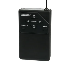 Zaxcom URX50 UHF IFB Receiver: The URX50 from the front, with its Vol, Channel, Power/TC, and Menu buttons.