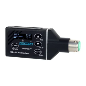Zaxcom ZMT4-HM Plug-On Wireless Transmitter: The ZMT4-HM at an angle, with its OLED display, buttons, and 3-pin XLR connector.