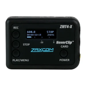 Zaxcom ZMT4-X Bodypack Transmitter: The ZMT4-X from the front, with its display and its REC, Stop, Play/Menu, Card, and Power buttons.