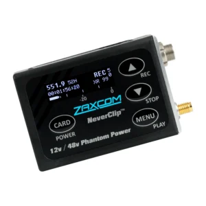 Zaxcom ZMT4 Digital Wireless Transmitter: The ZMT4 at an angle, with its OLED display, buttons, and SMA antenna connector.
