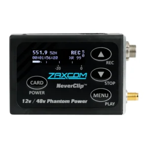 Zaxcom ZMT4 Digital Wireless Transmitter: The ZMT4 from the front, with its display and its Card, Menu, REC, and Stop buttons.
